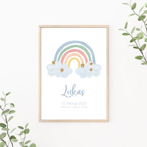 Geburtsposter Regenbogen, personalisierbar mit Geburtsdaten, Geschenk zur Geburt, Baby Jungen, Kinderzimmer Deko, blau, als Print oder PDF