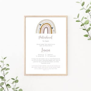 Patenbrief Regenbogen, Patenurkunde personalisierbar, Geschenk vom Taufkind für den Paten, Taufbrief, Print oder PDF, rosa