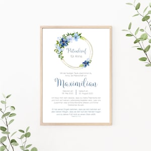 Patenbrief Blumenkranz personalisiert, Patenurkunde, Geschenk vom Taufkind für den Paten, als Print oder PDF, blau