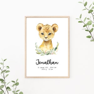 Geburtsposter personalisierbar mit Geburtsdaten, Namensposter, Geschenk zur Geburt, Kinderzimmer Deko, Wandbild Löwe, Print oder PDF