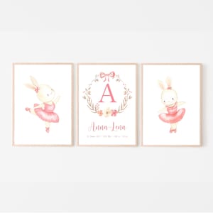 Wandbild Kinderzimmer 3er Set, Geburtsposter personalisierbar mit Monogramm und Namen für Baby Mädchen, Ballerina, Poster Hase, rosa
