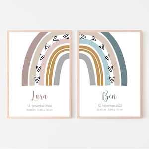 Geburtsposter 2er Set, Zwillinge, Geschwister, Schwester Bruder, personalisierbar, Geschenk Geburt, Namensposter, Regenbogen, rosa und blau