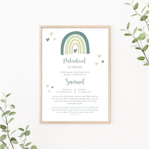 Patenbrief Regenbogen, Patenurkunde personalisierbar, Geschenk vom Taufkind für den Paten, Taufbrief, Print oder PDF, grün