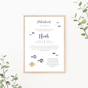 Patenbrief Fische, Patenurkunde personalisierbar, Geschenk vom Taufkind für den Paten, als Print oder PDF, blau