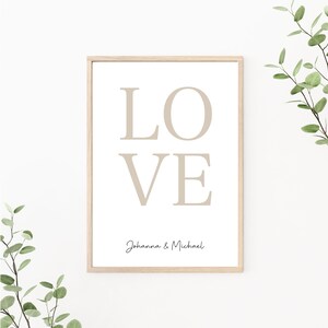 Hochzeitsposter Love, Paarposter personalisiert mit Namen, als Print oder PDF Datei, beige