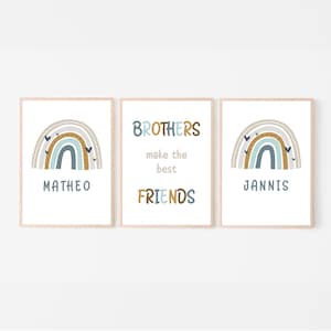 Wandbild Kinderzimmer 3er Set, Geschwister Poster, Zwillinge, Brüder, Namensposter, Geburtsposter Regenbogen, blau