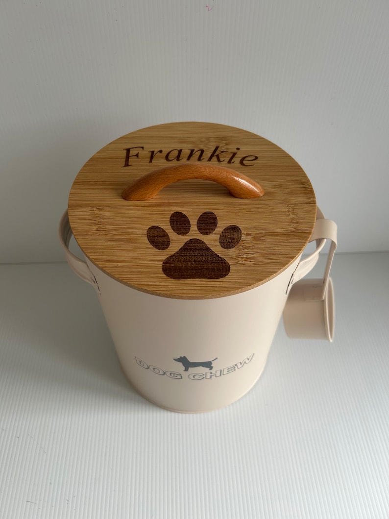 Dog food / treat / chew storage tin with personalised lid image 2