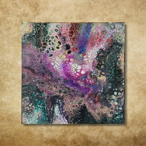 May include: Abstract painting with swirling patterns of black, white, purple, pink, and green paint.