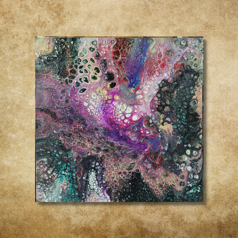 May include: Abstract painting with swirling patterns of black, white, purple, pink, and green paint.