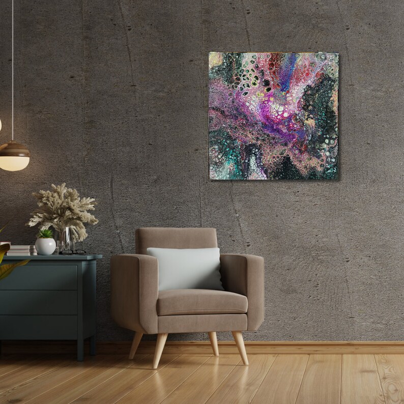 May include: Abstract painting with swirling colors of pink, purple, teal, and black. The painting has a textured look with small white dots throughout.