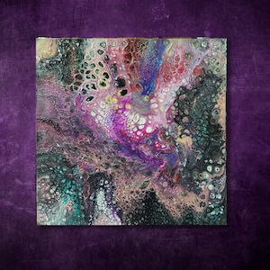 May include: Abstract painting with a swirling pattern of black, white, pink, purple, and teal colors. The painting has a textured, almost bubbly appearance.