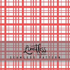 May include: A seamless pattern design featuring a grid of red lines on a white background. The design includes the text "Limitless By Natalie" and "Seamless Pattern" in a stylized font.