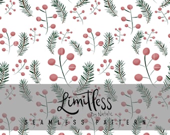 Könnte beinhalten: Nahtloses Muster mit rosa Beeren und grünen Tannennadeln auf weißem Hintergrund. Der Text "Limitless" ist in Schreibschrift dargestellt, darunter "By Natalie". Die Worte "Seamless Pattern" sind ebenfalls vorhanden.