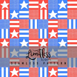 May include: Seamless pattern design featuring a patchwork of red, white, and blue squares. The squares include stripes, stars, and gingham patterns. The text "Limitless By Natalie" and "Seamless Pattern" are also visible.