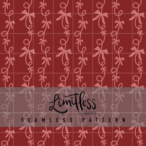 May include: Seamless pattern design featuring a repeating pattern of light pink bows and looping vines on a deep red grid background. The text "Limitless By Natalie" and "Seamless Pattern" are displayed in the lower section of the image.