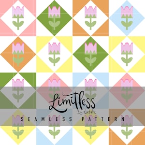 Puede incluir: Un patrón sin costuras con un diseño floral repetitivo. Flores rosas con tallos y hojas verdes sobre un fondo de cuadrados coloridos en rosa, naranja, amarillo, verde y azul. El texto "Limitless By Natalie" está superpuesto.