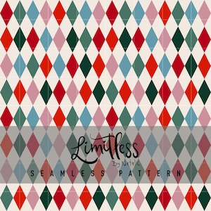 May include: Seamless pattern featuring a repeating harlequin design in red, green, pink, and blue diamonds on a cream background. The text "Limitless By Natalie" and "Seamless Pattern" are visible.
