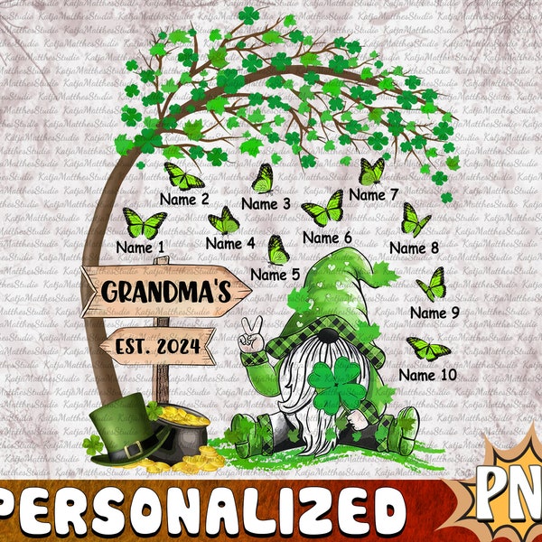 Personalized Lucky Grandma Gnome Butterflies Grandkids Png, Custom Name, St. Patrick's Day, St. Patrick's Day Grandma Gnome Under Trees PNG