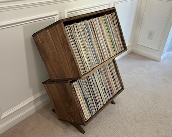 The Winderman Double Stack Walnut Cubby - Walnut Double Stacked Vinyl Storage Stand