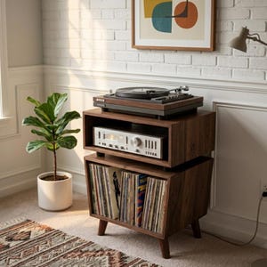 May include: A mid-century modern record player stand with a dark wood finish. The stand has two sections: the top holds a turntable and stereo receiver, and the bottom stores vinyl records. A potted plant and artwork are in the background.