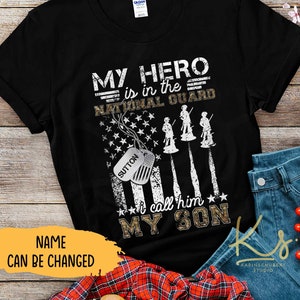 Mi héroe está en la Guardia Nacional. Lo llamo mi hijo, papá orgulloso de la Guardia Nacional, camisas de la familia de la Guardia Nacional, camisas a juego de la familia militar