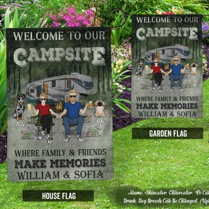 Banderas de camping, pareja de camping, bienvenidos a nuestro camping, regalo para amantes de los perros, bandera personalizada para campistas, decoración de camping