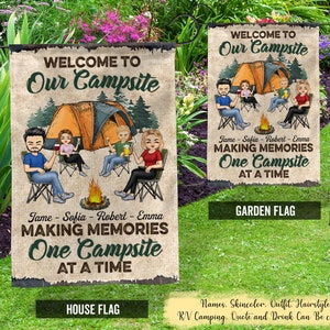 Banderas de camping, Making Memories One Camping, Bandera de jardín personalizada con nombre de familia, Bandera de camping, Bandera de camper, Bandera de camping