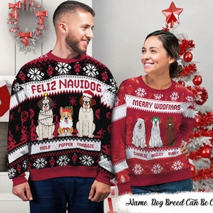 Feliz Navidog Merry Woofmas Funny Cartoon Dogs, Christmas Gift For Dog Lovers, Dog Owners, Dog Mom Dad, Personalized Unisex Ugly Sweater