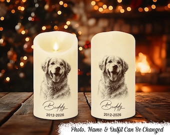 Custom Photo Pencil Sketch Memorial Family Dog Cat Portrait - Personalized Flameless LED Candle, Photo Candle for Pet or Loved One