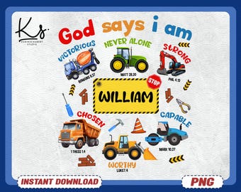 Dios dice que soy un camión de niños Png, niños cristianos Png, diseño de camiseta bíblica para niños pequeños, construcción de niños Png, versículo bíblico Png, amor de Jesús Png