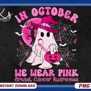 In October We Wear Pink Halloween Png, Halloween Pink Ghost Png, Breast Cancer Awareness Png, Retro Breast Cancer Png, Spooky Halloween Png