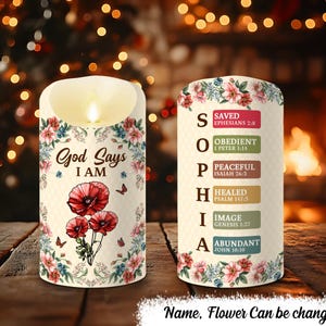 Födelseblommosaikkonst Gud säger att jag är - Personligt flamlöst LED-ljus, bibelvers-LED-ljus, anpassat namnblommor med bibelversdekoration