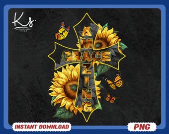 Girasol, La Cruz, Amazing Grace PNG, Diseño Cristiano de Mariposa con Fe, Gráfico Floral Religioso para Camisa, Clipart Inspirador, Digital