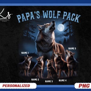 May include: Digital illustration of a wolf pack under a full moon, with the text "PAPA'S WOLF PACK". The image is personalized and available as a PNG file. The artwork features a dark blue border.