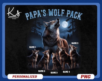 Papa's Wolf Pack, Howling Wolves PNG, Custom Papa With Kids Names Png, Personalized Wolf Pack Png, Gift for Grandpa, Father's Day Gift