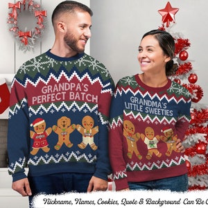 May include: Two Christmas sweaters with a gingerbread cookie theme. The blue sweater says "Grandpa's Perfect Batch" and the red sweater says "Grandma's Little Sweeties". Both sweaters feature three gingerbread cookies holding hands.