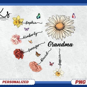 Op de afbeelding: Een gepersonaliseerd bloemendesign met een grote madelief en het woord "Oma" in zwart schrift. Het ontwerp bevat verschillende bloemen, vlinders en namen als Sophia, Kimberly, Jennifer, David en Jessica.