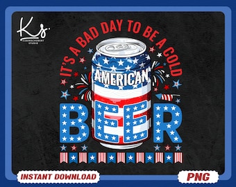 Es un mal día para una cerveza fría. Bandera estadounidense del 4 de julio (PNG), diseño divertido de camiseta del 4 de julio (PNG), bandera estadounidense (PNG), bebida patriótica (PNG).