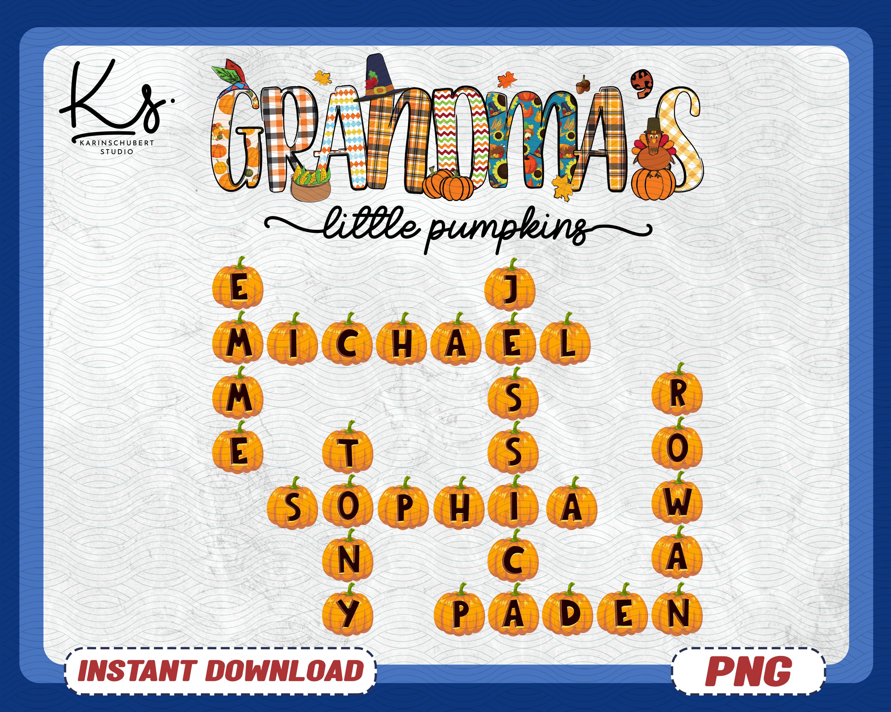 Personalized Grandma Little Pumpkin Png, Custom Cross Word Puzzle With Names Png, Pumpkin Fall Season Png, Grandma Mimi Nana Gigi Fall Png