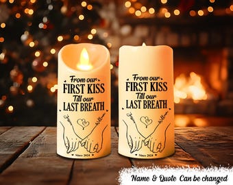 Custom Couple Wedding Anniversary Led Light Candle, From Our First Kiss Till Ourlastbreath, Gift For Couple, Christmas Gift For Husband Wife