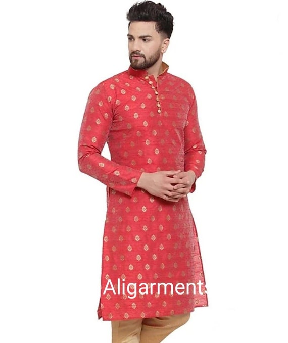 Men Jacquard kurta Clothing Mens Clothing Shirts & Tees printed kurta 100% Jacquard silk,2.pec set. kurta party wear Kurta with pajama 
