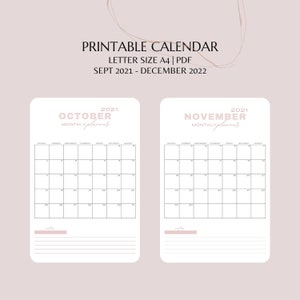 Calendario Imprimible l Septiembre 2021 - Diciembre 2022 l Tamaño Carta A4 l Descarga Digital