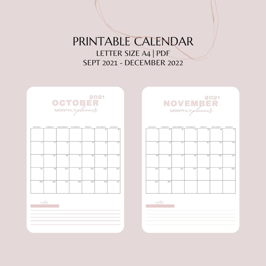 Printable Calendar L September 2021 - December 2022 L A4 Letter Size L ...