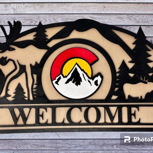 Hand Painted Wooden Colorado Moose Welcome Sign
