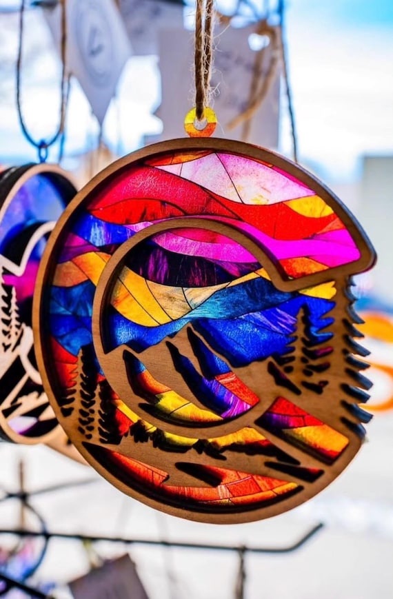 Handmade Colorado Ornament: Faux Stained Glass Mountain Scene