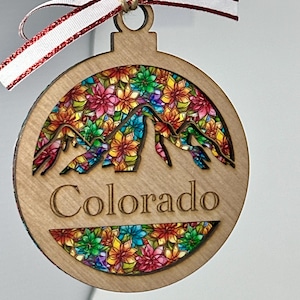 Colorado Mountain Stained-Glass Style Ornament – Laser Cut Wood Decor
