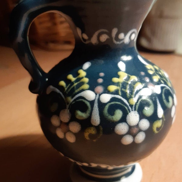 Vintage Gmundner Keramik Pottery Hand Painted Pitcher / Jug Vase Made In Austria Blue With Florals