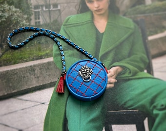 Miniature purse for dolls 1/6 scale "Blue with a lion", handbag for Blythe, Momoko, NF, FR, Poppy Parker, Barb