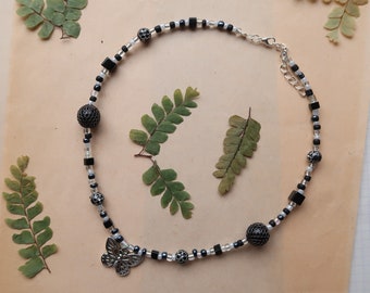 Dark Gothic Fairy Necklace / Butterfly beaded choker / bead necklace / Cottagecore
