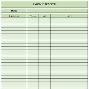 Op de afbeelding: Een groene en witte spreadsheet voor het bijhouden van uitgaven met kolommen voor maand, uitgave, bedrag, datum en notities. De spreadsheet heeft een totalenrij onderaan met een waarde van 0,00.